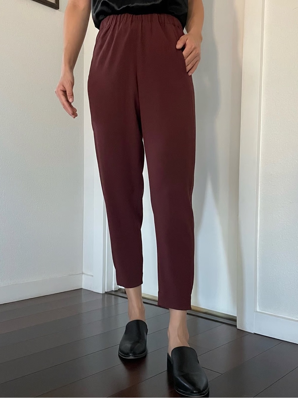Aritzia Babaton Dexter Cropped Elastic-Waist Straight Pants in Burgundy